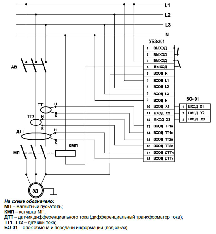 Бок защиты электродвигателей УБЗ-301 63-630А, схема подключения