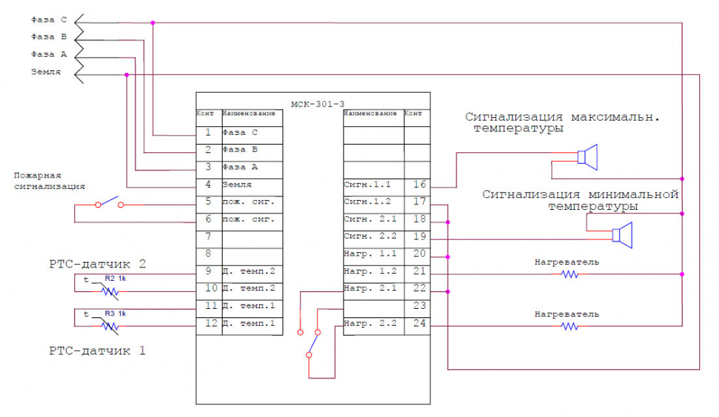 Контроллер температуры МСК-301-3, подключение