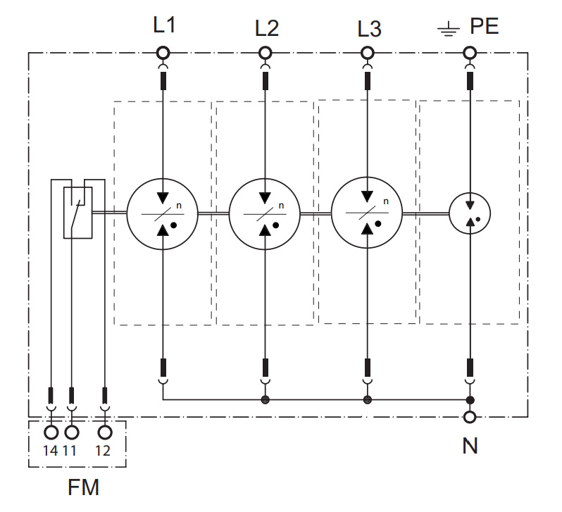 УЗИП CT-T1+2/3+1-350FM, схема подключения к трехфазной сети