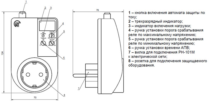 Чертеж реле напряжения РН-101М, размеры и органы управления